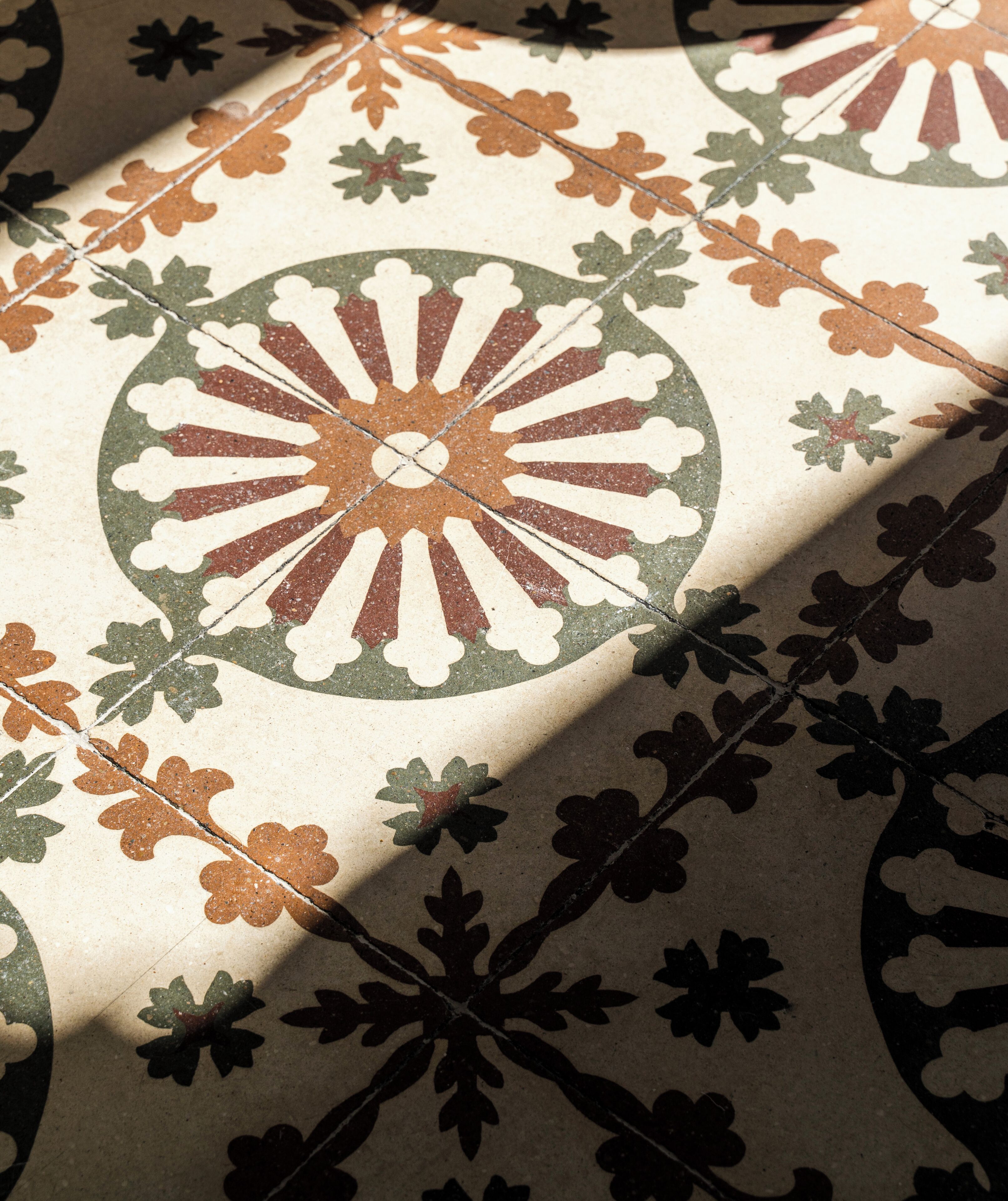 A close-up of a patterned fabric with floral and geometric designs.