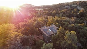 Ein Haus mit Solaranlage auf dem Dach, umgeben von dichtem Wald.