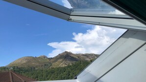 A skylight with a view of a mountain range and a forested area below.