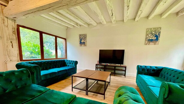 A living room with green upholstered sofas, a wooden coffee table, and a flat-screen TV on a wooden stand. - Villa Choupinière - 30 pers-Pool-1h15 Paris (Choue)