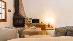 A cozy living room with a stone fireplace, a television, a small table with a tray, and two sofas. - Paraiso by Interhome (Deltebre)