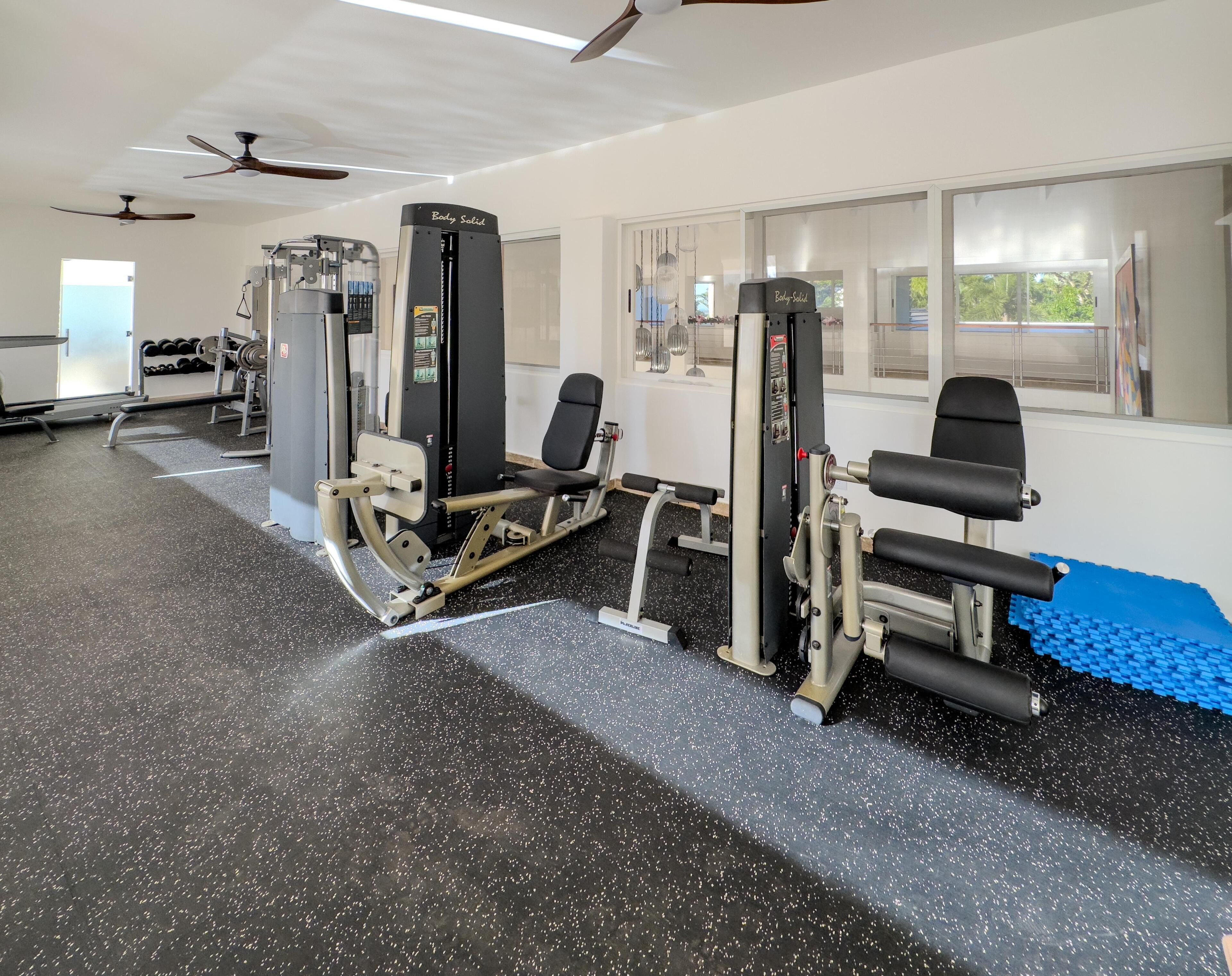 A gym with various exercise machines, a ceiling fan, and a window with a view of greenery.
