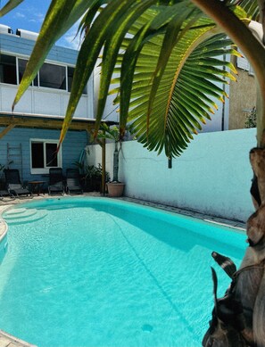 室外游泳池，提供泳池遮陽傘和日光浴躺椅