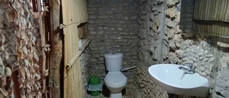 Un baño pequeño y rústico con pared de piedra, un inodoro y un lavamanos.