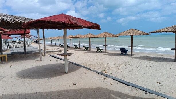 A beach with thatched umbrellas and lounge chairs, a sandy shore, and a clear sky. - Del mar vendra (Manaure)