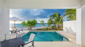 Ein Poolbereich mit Blick auf Strand und Meer, umgeben von Palmen und einer weißen Mauer.