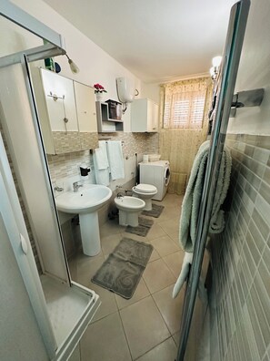 Regadera, secadora de cabello, bidet, toallas 