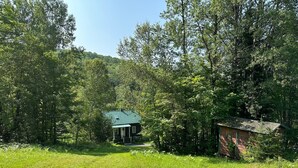 A secluded cabin surrounded by dense forest, with a small porch and a green roof. - Rural Vermont with internet and Smart TV, cell phone works,  Dogs welcome. (Washington)