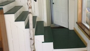 A staircase with green steps and a wooden handrail, leading to a door with a white frame. - Rural Vermont with internet and Smart TV, cell phone works,  Dogs welcome. (Washington)