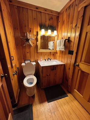 Shower, towels, soap, toilet paper