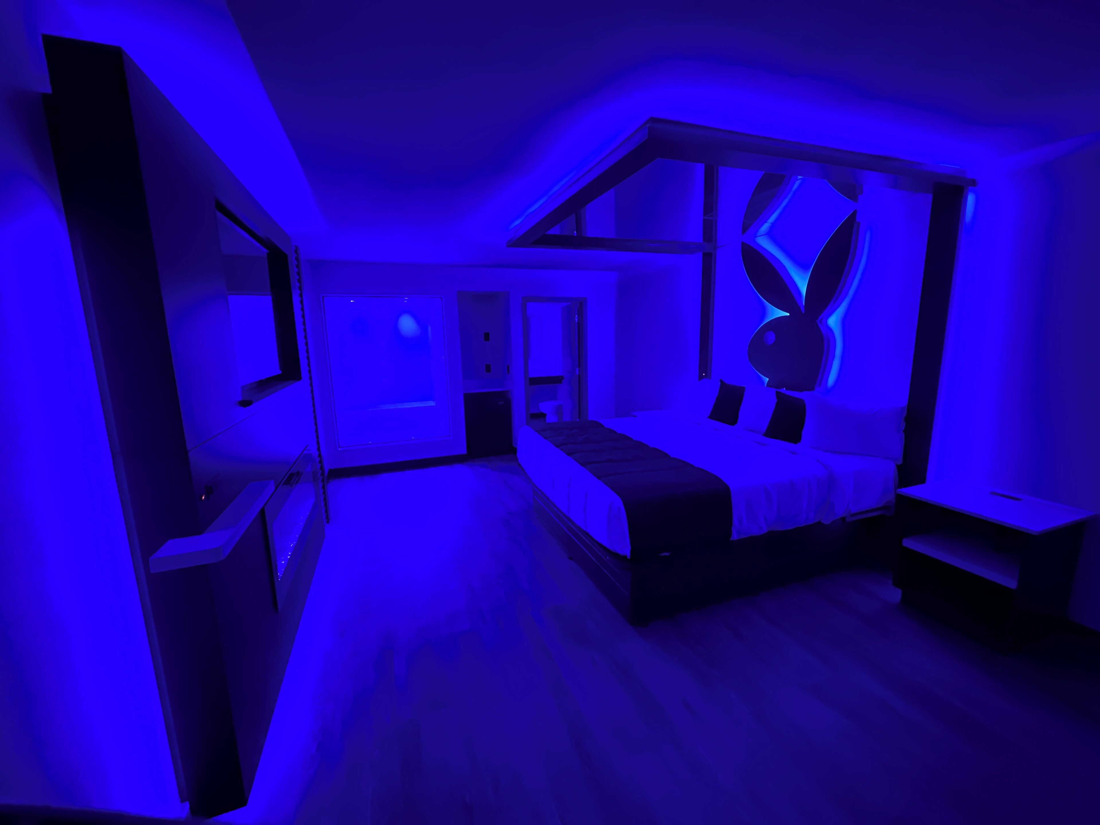 A room with a bed, a TV, and a wall-mounted projector screen.
