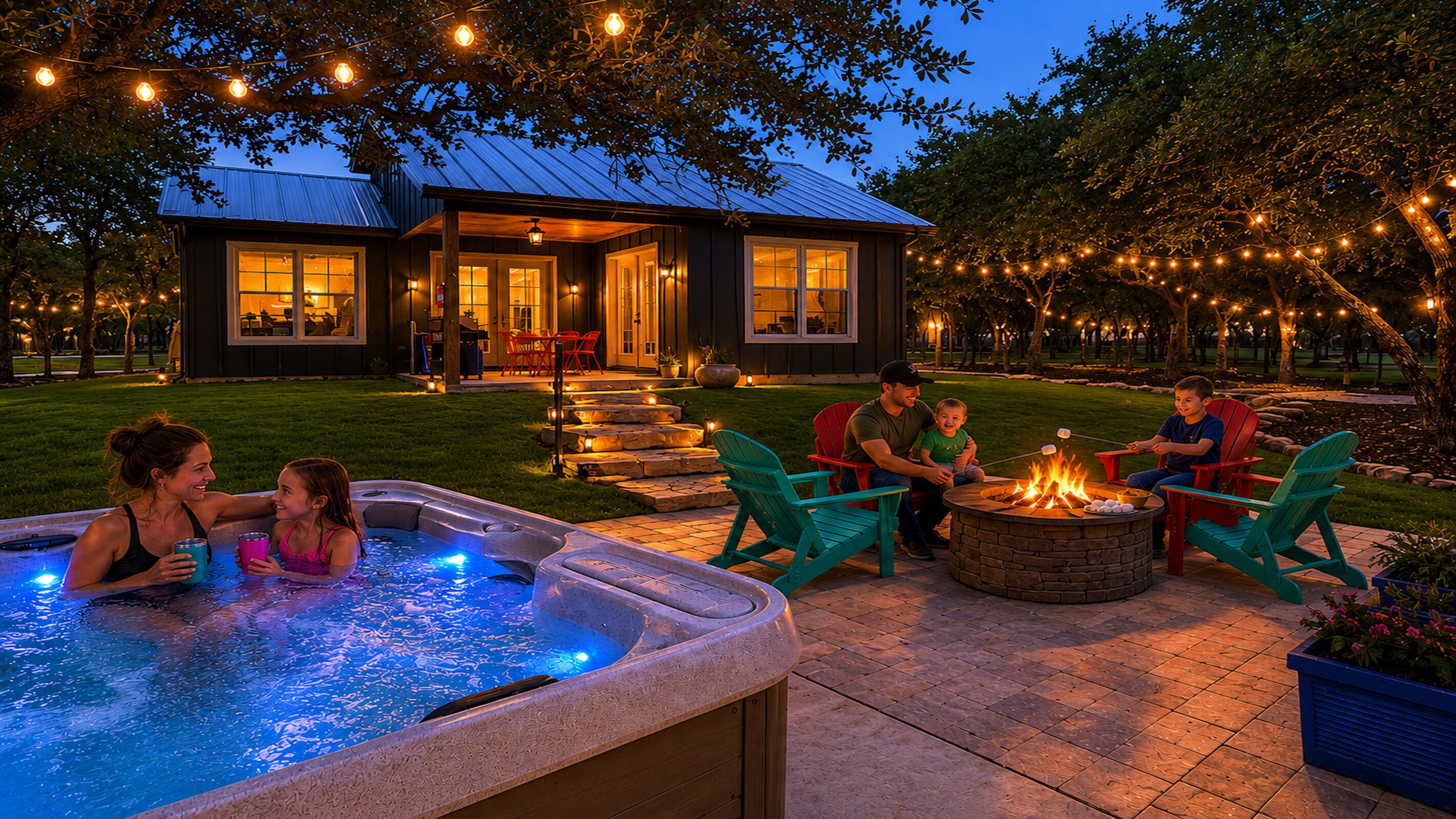 Un jardin avec un jacuzzi, un espace salon extérieur et un foyer.
