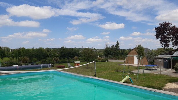 A swimming pool with a netted area, surrounded by a grassy yard, a small shed, and a wooden structure.