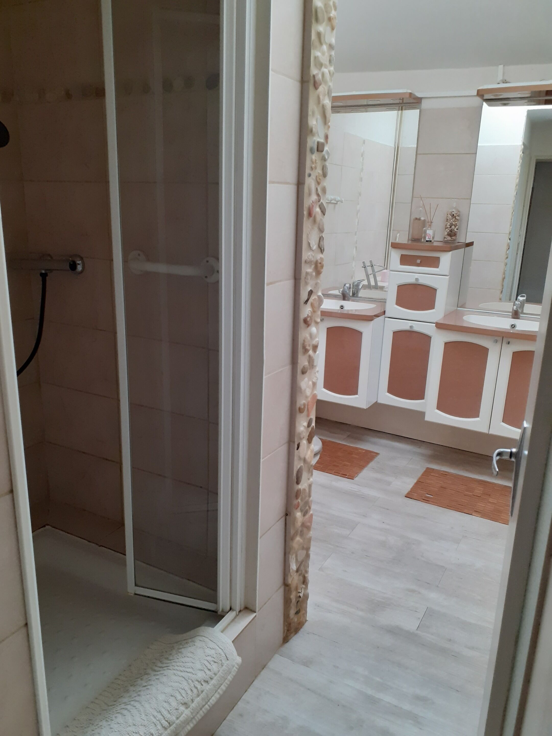 Douche, sèche-cheveux, savon, papier toilette