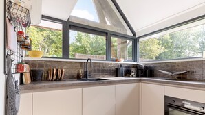 A modern kitchen with a skylight, a built-in oven, and a large window offering a view of trees. - 6 persons - 2 badkamers (Ouddorp)