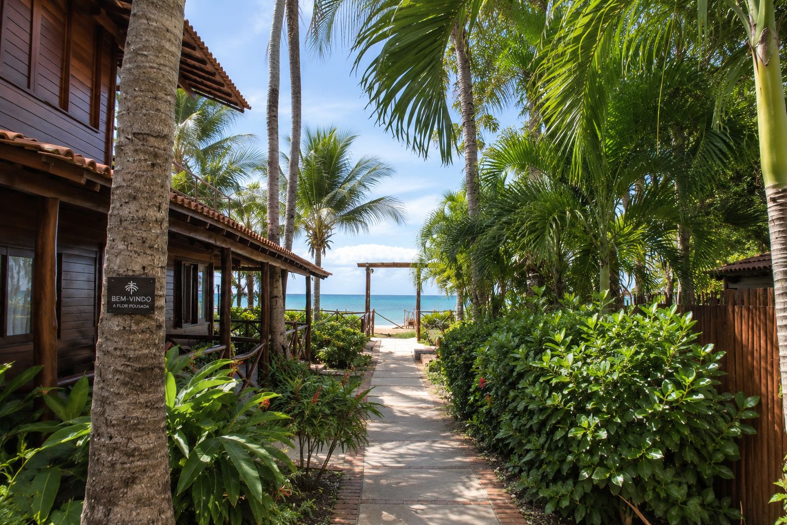 A pathway leading to a beach with a wooden building and palm trees.
