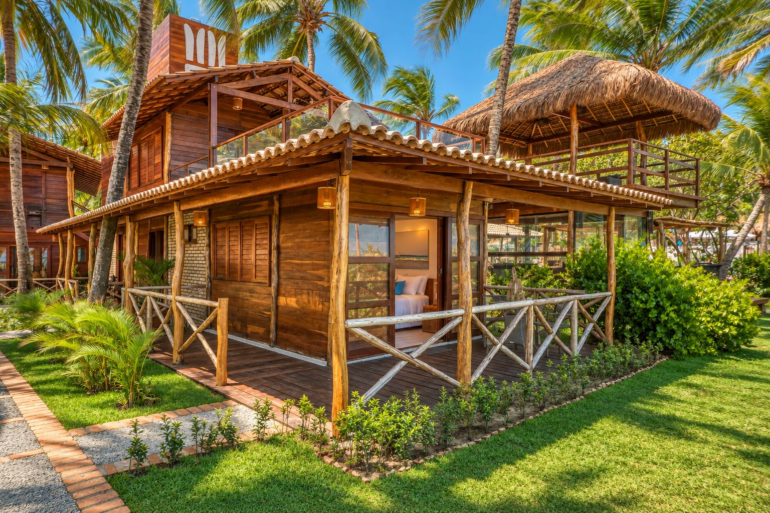 A wooden bungalow with a thatched roof, surrounded by lush greenery and palm trees.