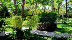 Un exuberante jardín con diversas plantas y árboles, un camino empedrado y un césped bien cuidado.