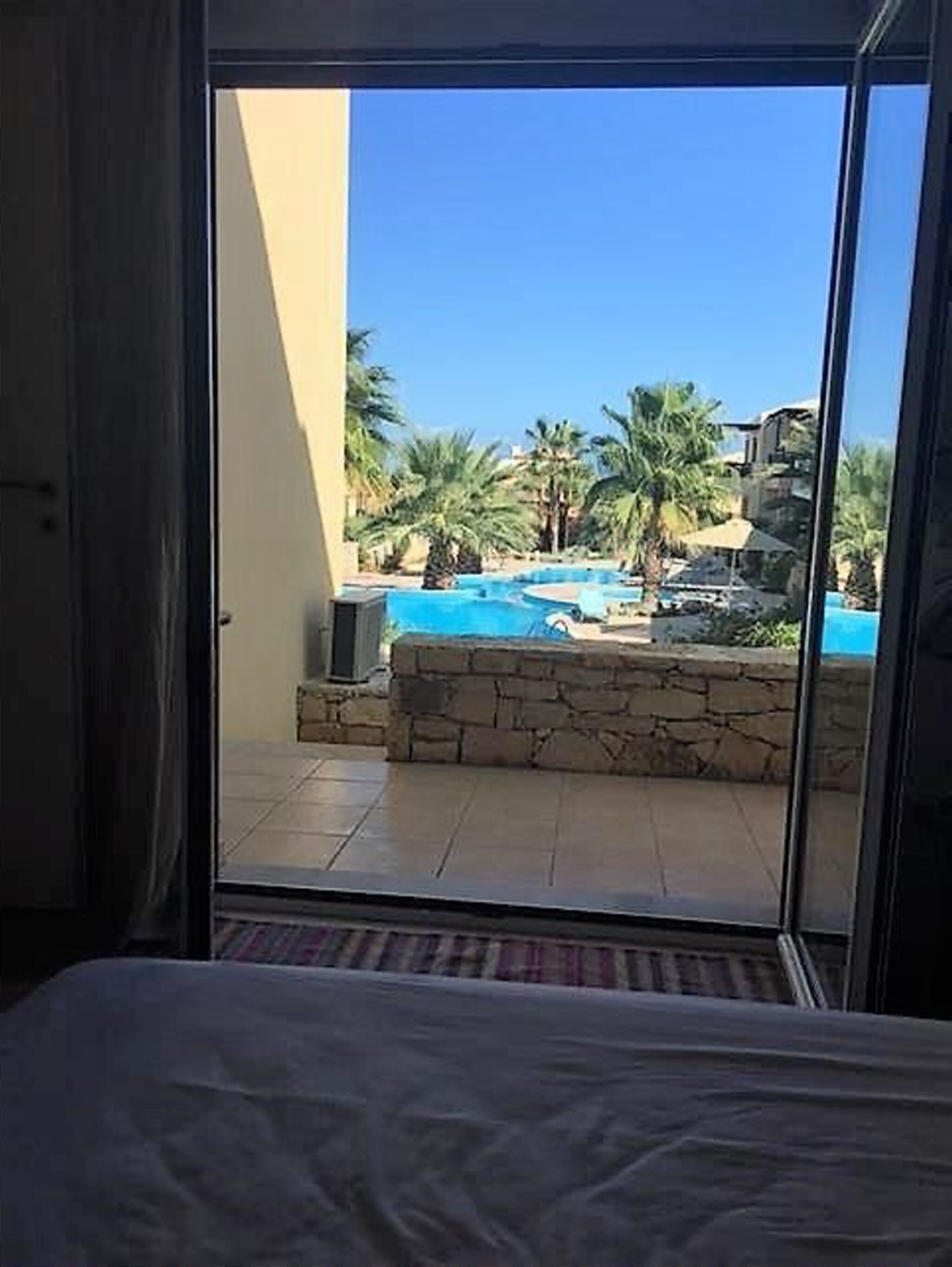 Ein Zimmer mit Blick auf einen Pool, Palmen und eine Steinmauer.