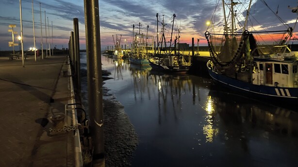 A marina at dusk with boats docked, calm water, and street lamps along the dock. - Cozy vacation apartment with dike view in Wremen (Wurster Nordseeküste)