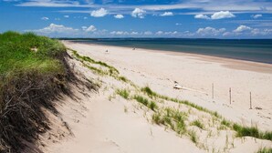 Una playa arenosa con una duna cubierta de hierba a la izquierda, cielo despejado y mar tranquilo al fondo.
