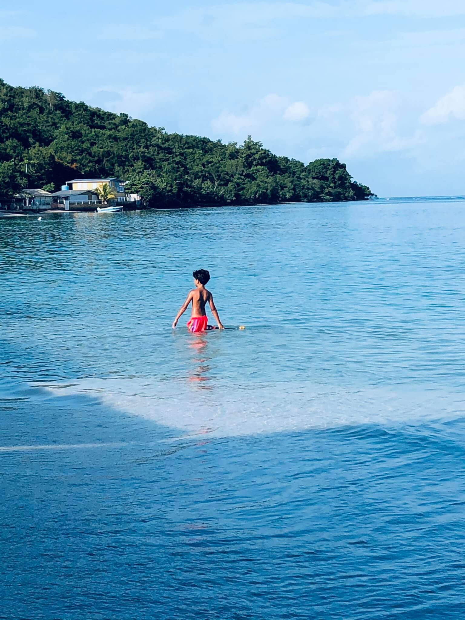 A person in a body of water with a forested island in the background.