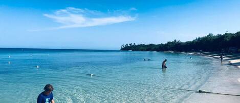 A beach scene with clear water, people swimming and playing, and a distant shoreline with trees.