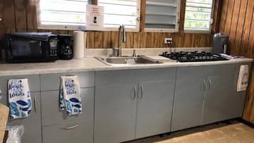 Kühlschrank, Mikrowelle, Herdplatte, Wasserkocher mit Kaffee-/Teezubehör