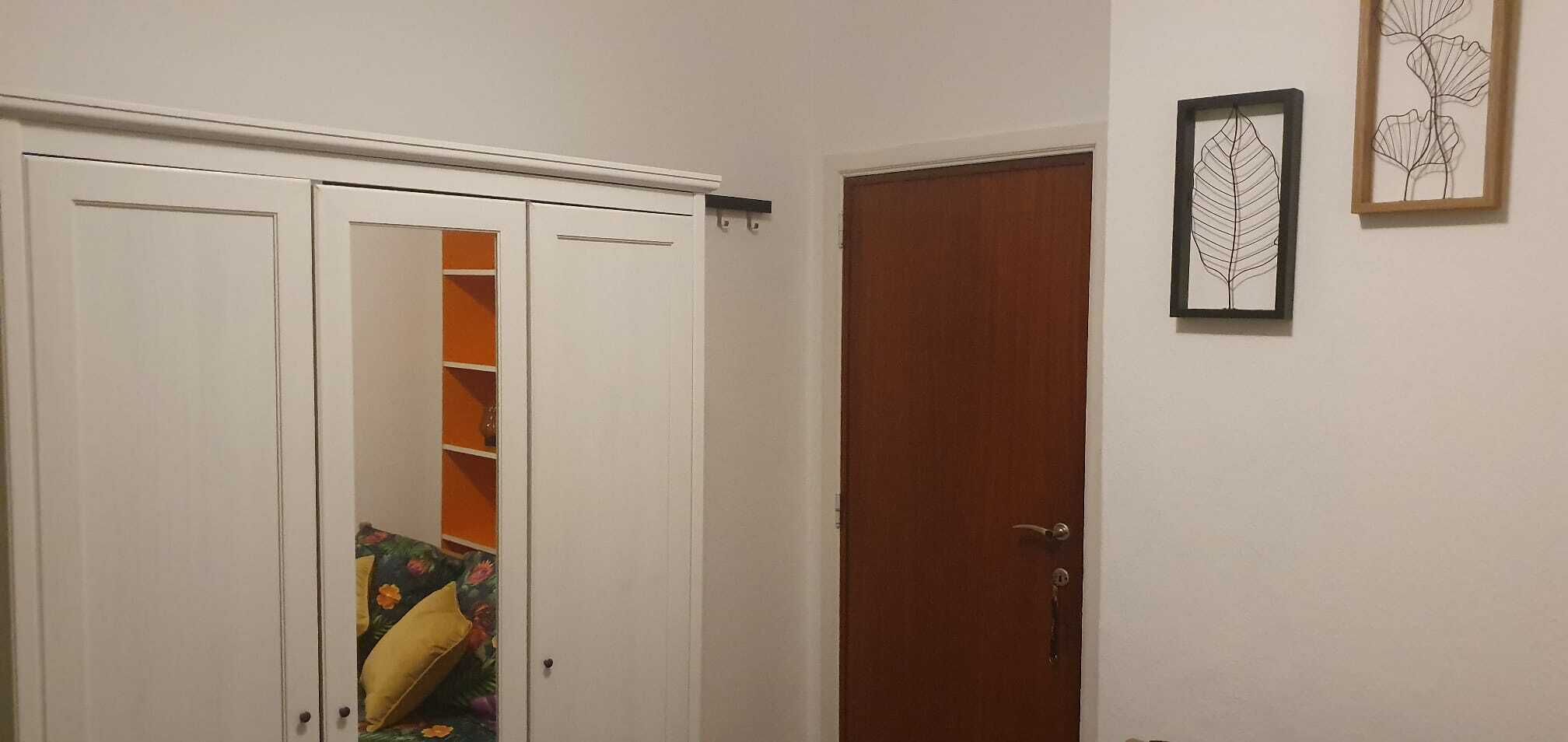 Une pièce avec une armoire blanche, une porte en bois et une œuvre d’art représentant une feuille, encadrée, accrochée au mur.