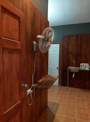 Shower, towels, soap, toilet paper