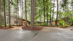A building surrounded by tall trees with a paved entrance area. - Newly Built Maple Valley Vacation Rental w/ Patio! (Maple Valley)