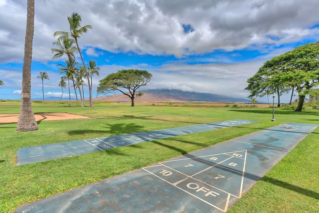 A shuffleboard court with numbers and the word "OFF" on the ground, surrounded by grass and palm trees under a partly cloudy sky.