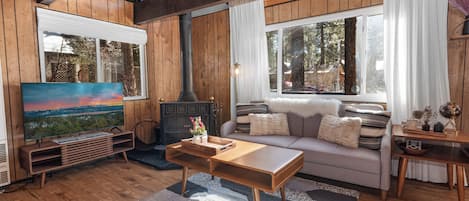 A cozy living room with wooden walls, a large window, a fireplace, and a comfortable sofa.