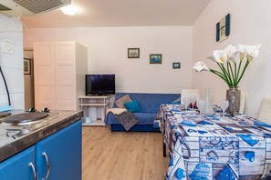 A compact living space with a kitchenette, a sofa, a dining table, and a television.