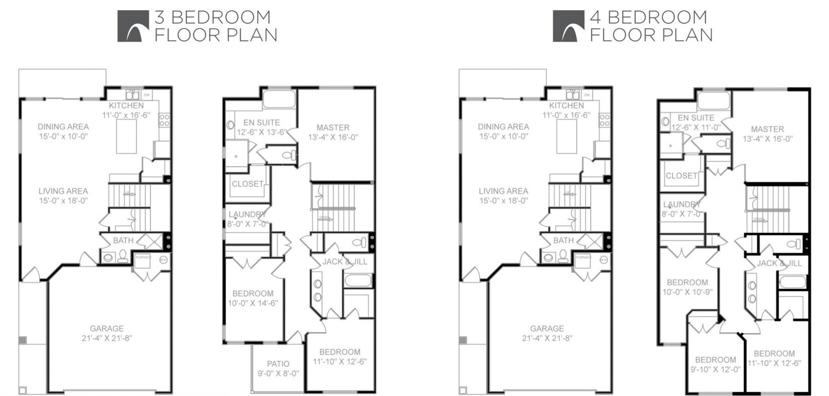 Floor plans for a 3-bedroom and 4-bedroom apartment, detailing room sizes and layouts.