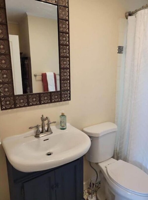 A bathroom with a white sink, a toilet, and a mirror with a decorative frame.