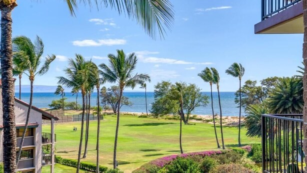 Um campo de golfe com palmeiras e vista para o oceano.