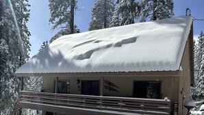 A snow-covered cabin with a porch, surrounded by tall evergreen trees. - Cozy two bedroom cabin with hearty Firewood Stove/Game Room (Springville)