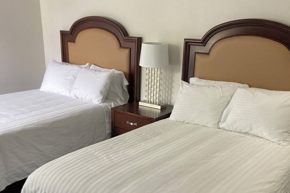 Duas camas de solteiro com cabeceiras de madeira e roupa de cama branca, uma mesa de cabeceira com abajur e um chão coberto por carpete escuro.