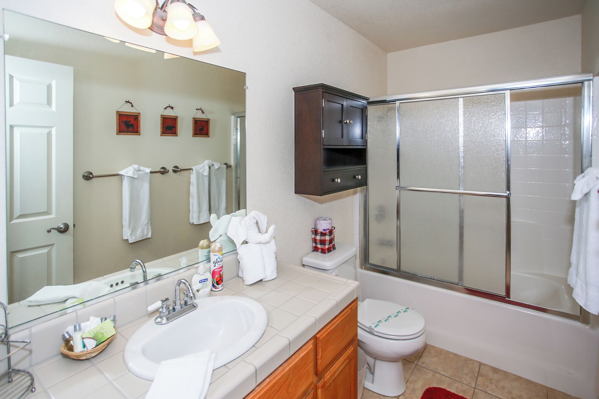 Une salle de bain équipée d’un lavabo, d’un miroir, d’un meuble de rangement, de toilettes et d’une douche à parois en verre.