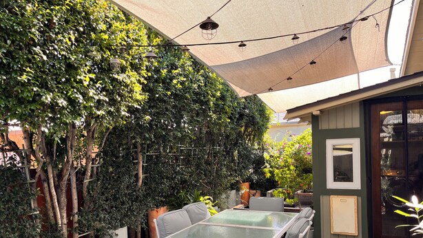 A patio with a glass table and chairs, surrounded by lush greenery and a pergola. - Urban Greenhouse (San Diego)