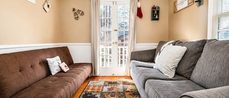 A cozy living room with two sofas, a patterned rug, and a door leading outside.