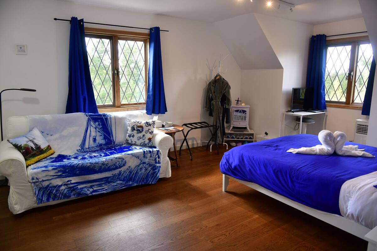 Une chambre à coucher avec un lit, un canapé, un bureau et une chaise.