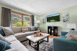 Smart TV, chimenea y libros 