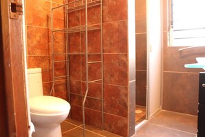 Shower area with a metal grid door, adjacent to a toilet, features a tiled wall and a window.
