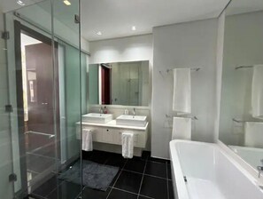 Hair dryer, towels, soap
