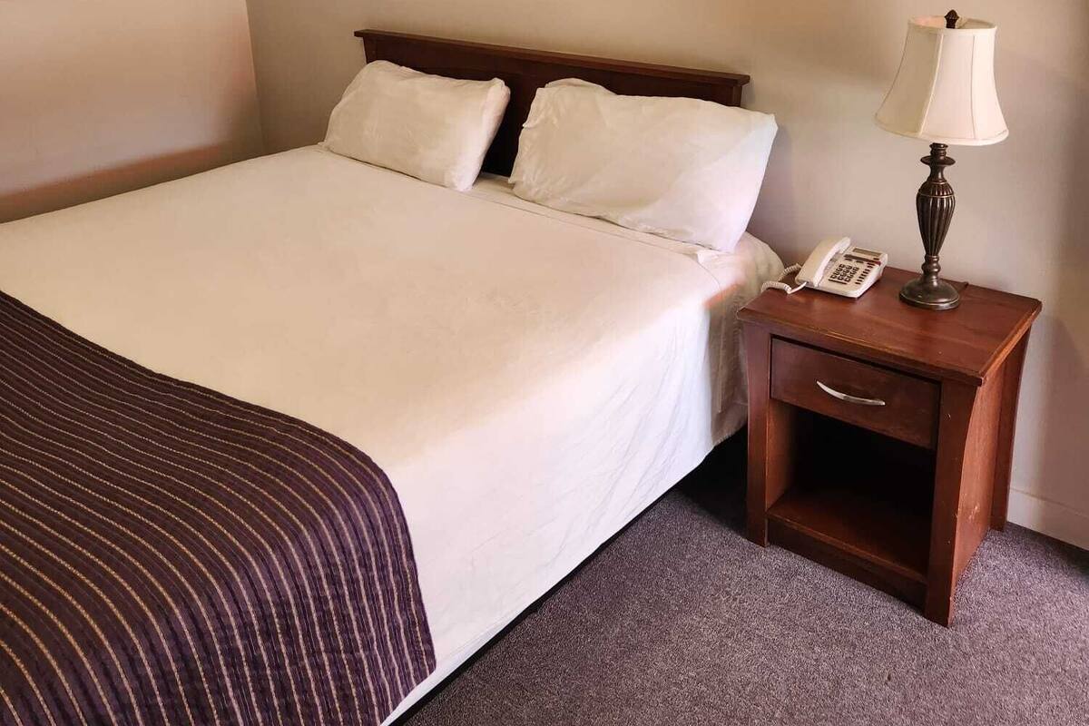 Habitación de hotel con una cama grande, dos almohadas, una mesita de noche con lámpara y teléfono, y piso alfombrado.