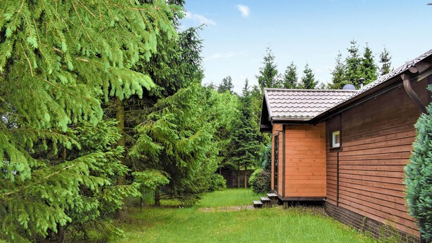 A wooden cabin with a sloped roof, surrounded by dense green trees and a grassy yard.