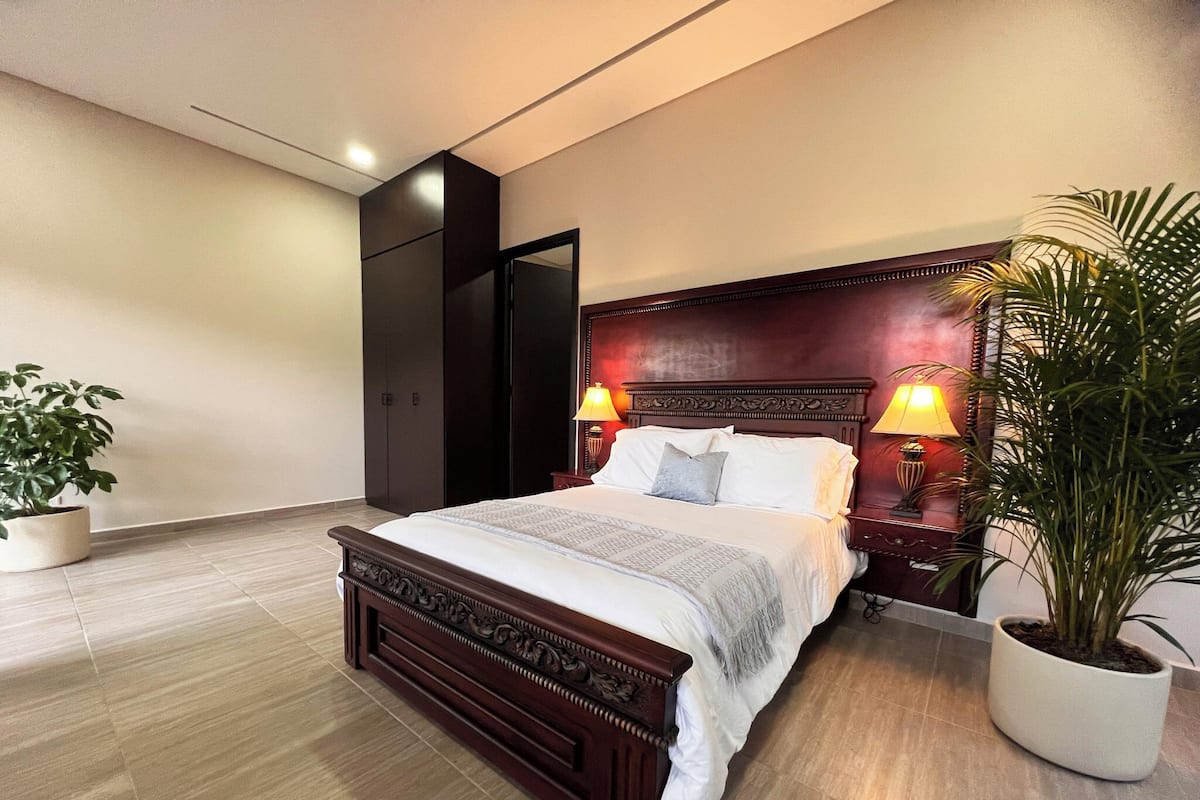 A modern bedroom with a large bed, two bedside lamps, a dark headboard, and a potted plant.