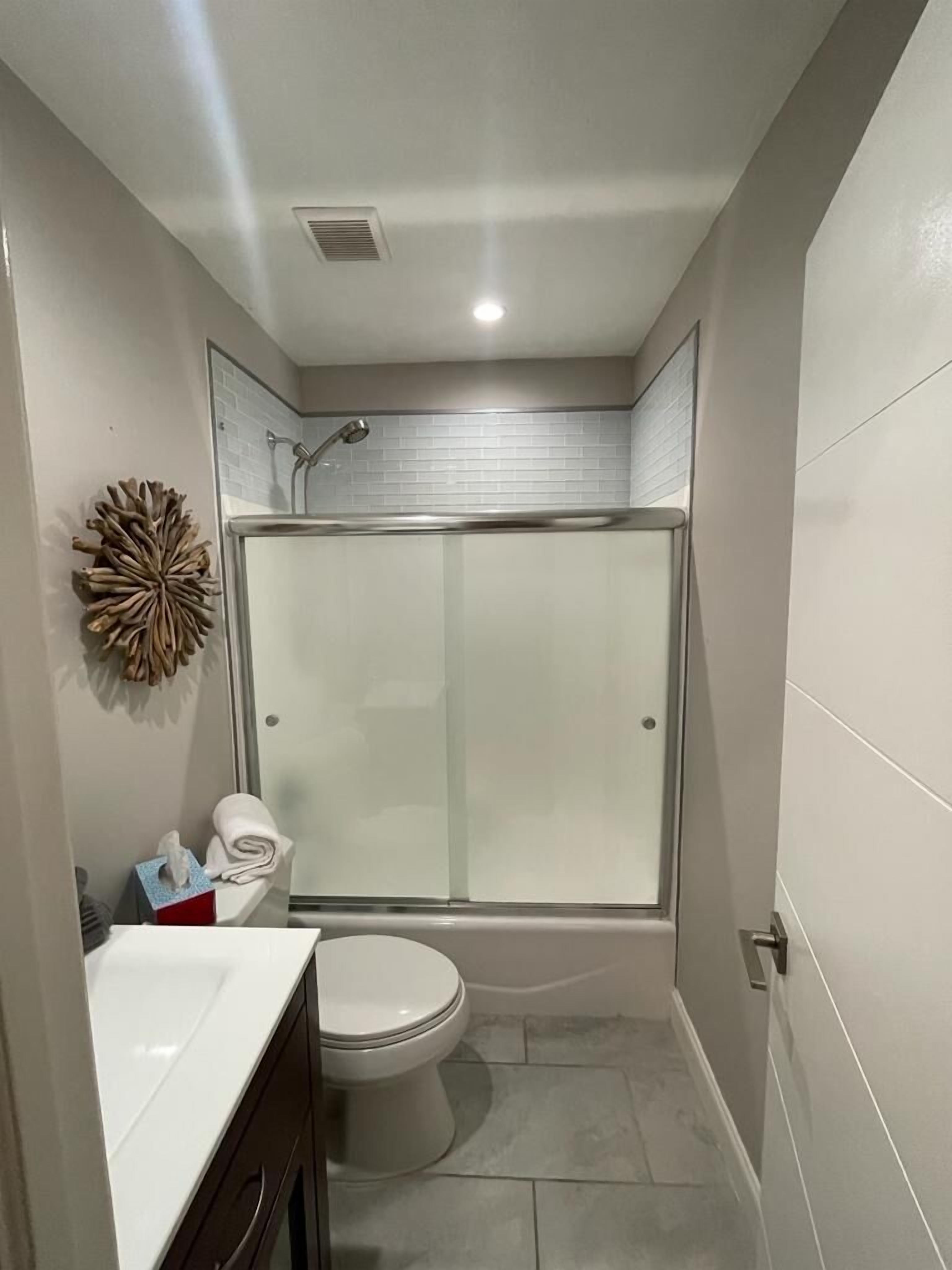 Hair dryer, towels, soap, toilet paper